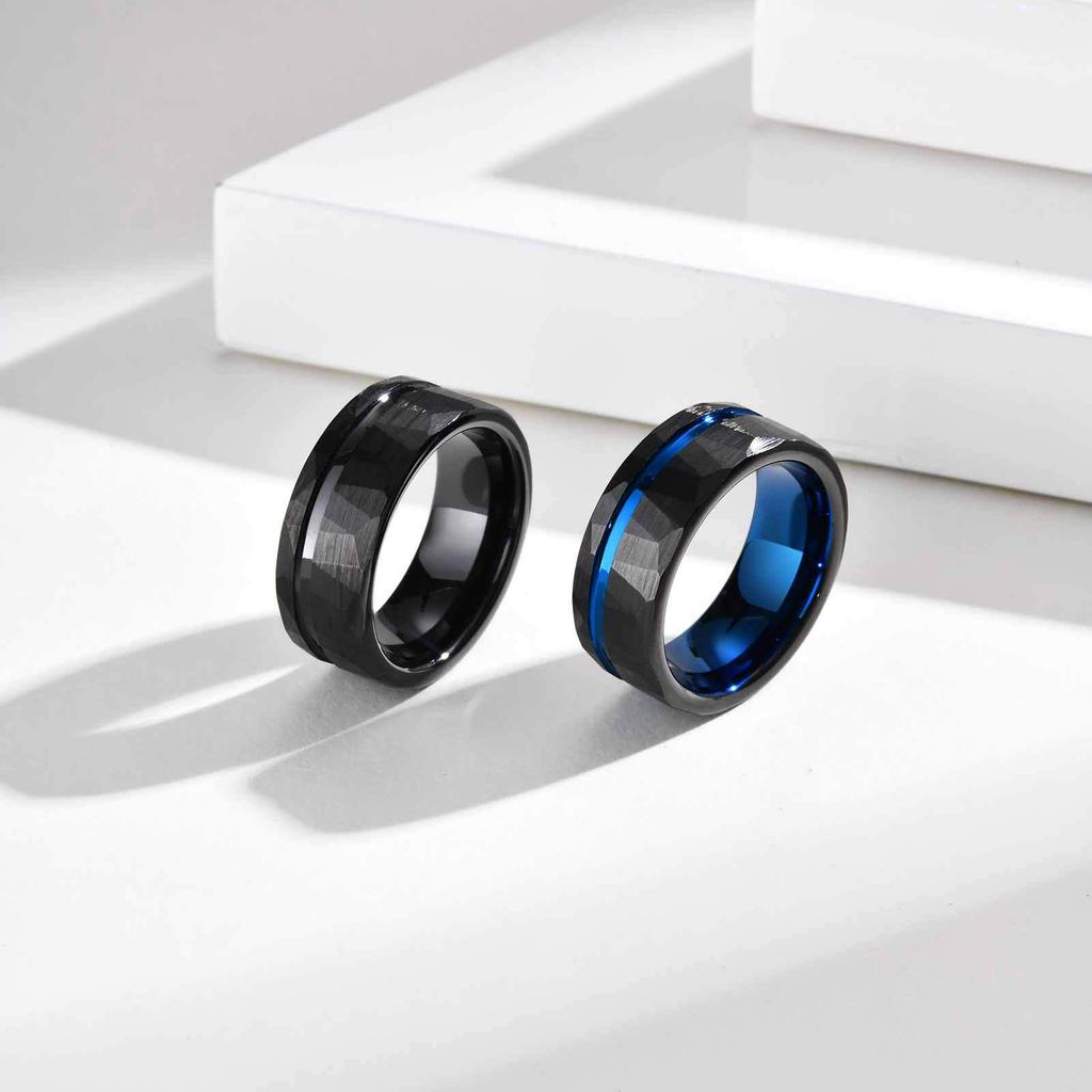 8mm Black Tungsten Steel Ring with Brushed Outer and Hammered Inner Finish - Style TCR-104B07.