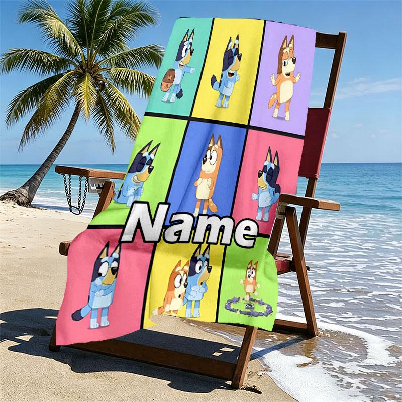 Custom Name Personalized Bluey Print Beach Towel, for Trip Camping Beach Party Home Decor, Birthday Gift for Family & Friends