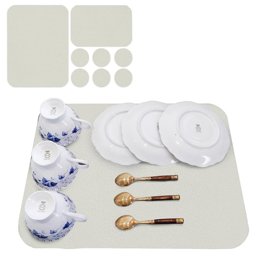 8-Piece Dish Draining Mat Set, Made in Japan, Diatomaceous Earth Mat + Diatomaceous Earth Coaster with Silver Ions (Ivory, 2 Dish Draining Mats + 6