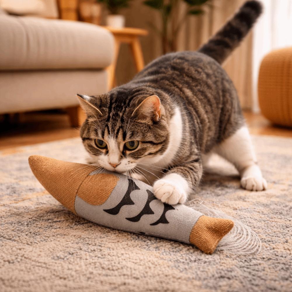 Cute Stuffed Simulation Fish Cat Toy Soft Cat Shape Pet Squeaky Toy with Bell Bite Resistant Interactive Chew Toy Training Aid