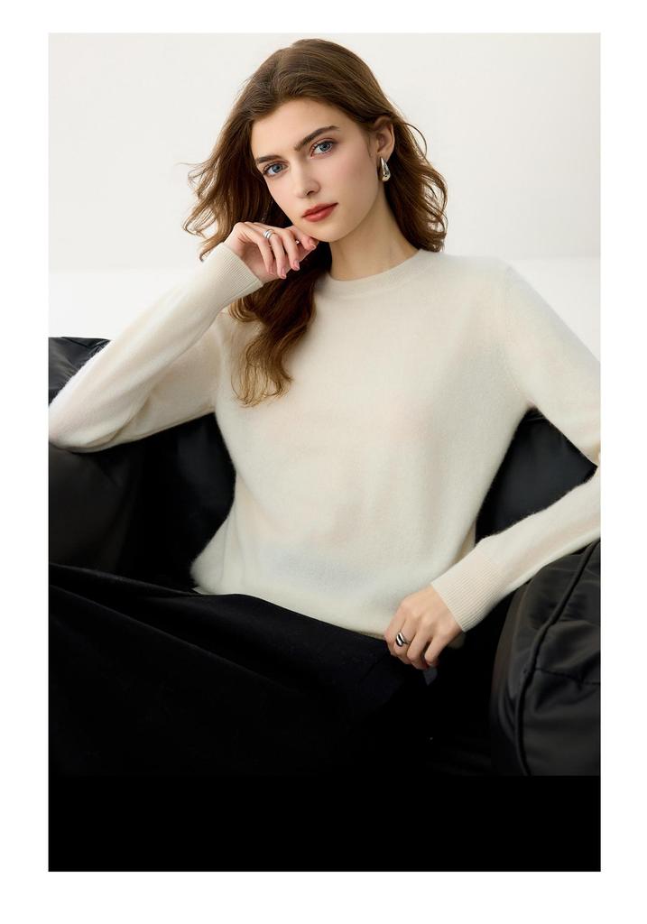 Women's Round Neck Cashmere Sweater - Autumn/Winter Solid Color Loose Knit Long Sleeve Pullover