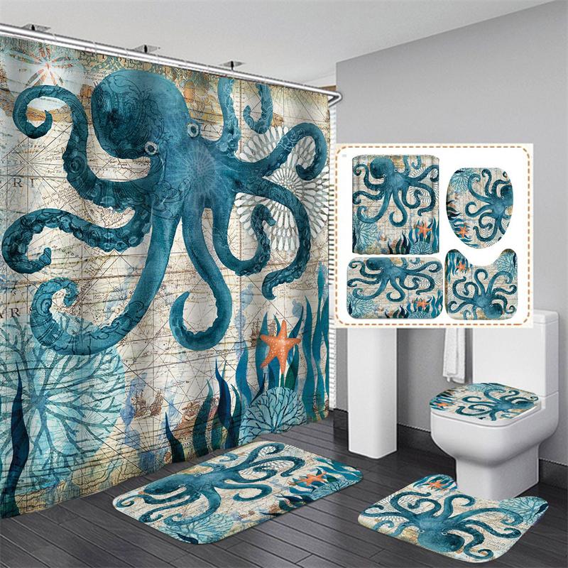 3D Print Shower Curtain Waterproof Polyester Bathroom Curtain Anti-slip Bath Mat Set Toilet Rugs Carpet Home Decor 4PCS