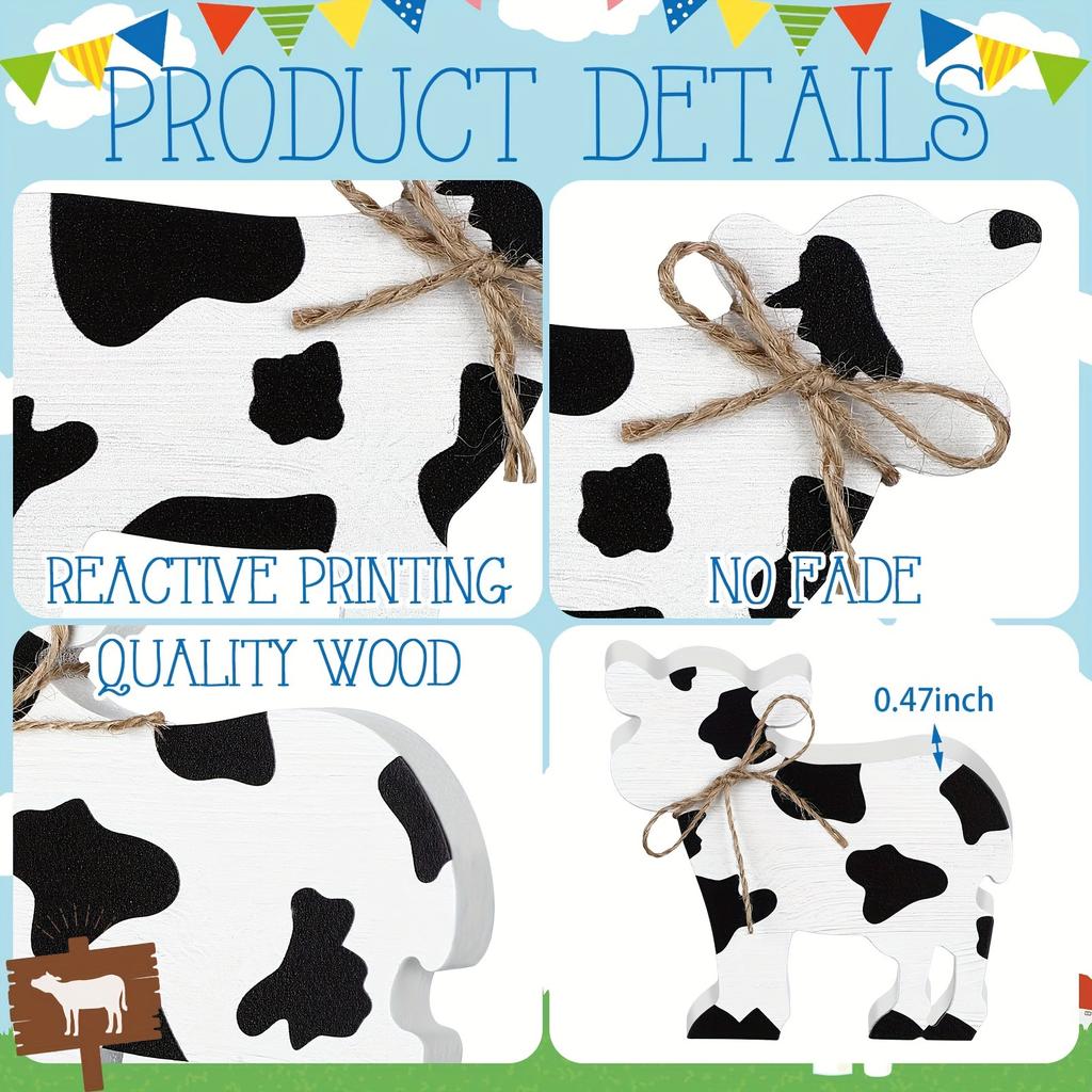 Set of 3 Handcrafted Wooden Cow Figurines - Rustic Farmhouse Style Tabletop Decorations,for Home & Office