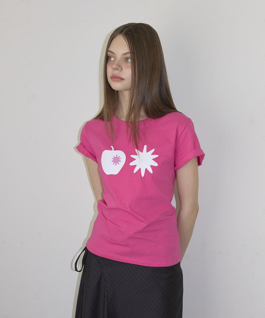 Nyuyogwogseu Apple Print Short Sleeve T-Shirt_Hot Pink