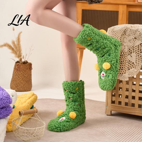 Cozy Cartoon Pattern Socks Thickened Floor for Women, Non-Slip Mid-Calf Socks, Thermal Winter Comfortable Elastic Ribbed Slippers Soft Fuzzy