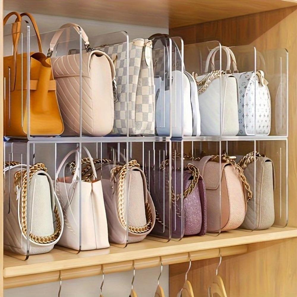 1pcs Transparent Acrylic Storage Rack, 4-grid Bag Storage Partition Board, Wardrobe Storage Rack, Makeup Closet Organizer, Bedroom Dorm Accessories