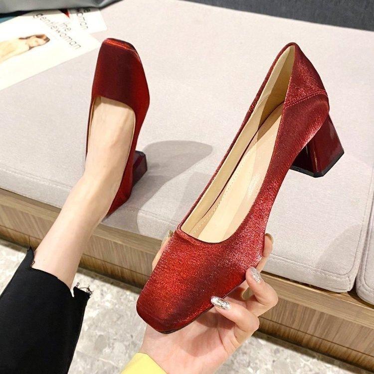 French satin apricot professional high heels spring new square head light mouth thick heel single shoes