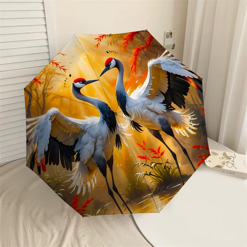 

1PC cranes forestAutomatic Open/Close Umbrella with Windproof, 8-Rib Sturdy Canopy, Durable Ribs, Fashionable Design, Outdoor Accessory, Fun Prin, Hol