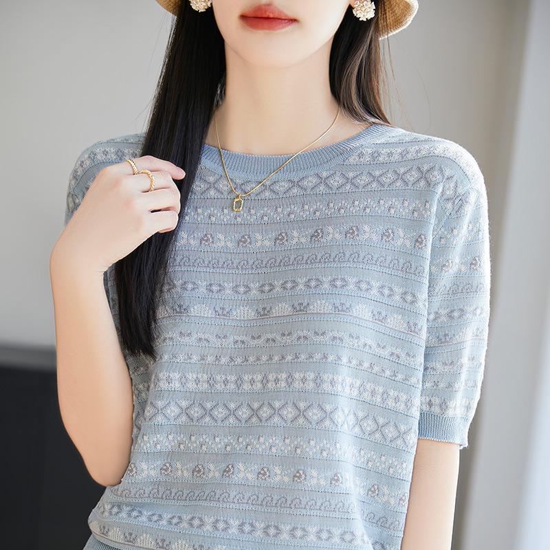 Women Summer Round Neck Half Sleeve Fair Isle Print Knit Casual Top S синий