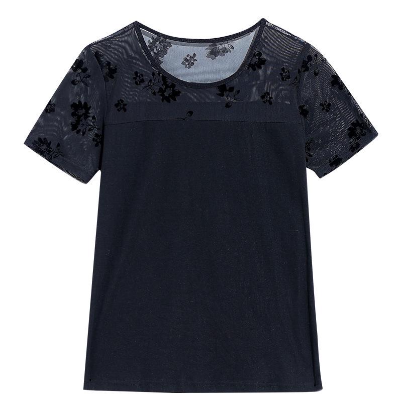 2022 Summer Mesh Short Sleeve Top: Chic Hollow Modal Base Round Neck Blouse