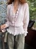 2025 Autumn/Winter Women's Korean V-neck Loose Ruffle Cardigan with Waist-cinching Slimming Knitwear