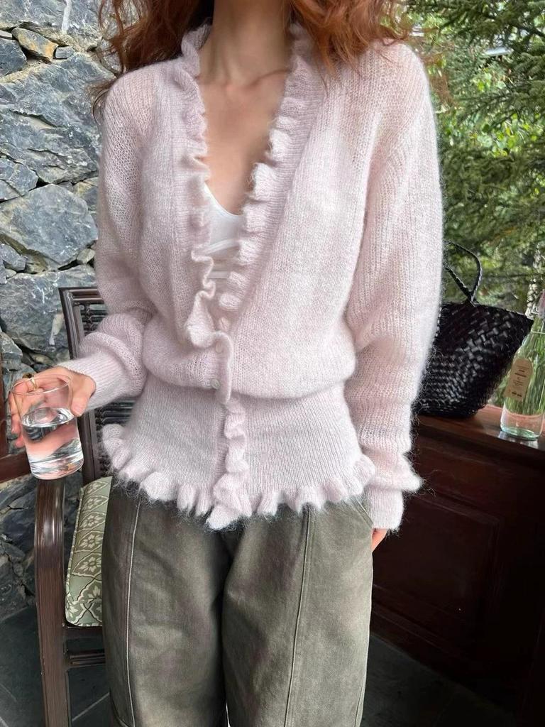 2025 Autumn/Winter Women's Korean V-neck Loose Ruffle Cardigan with Waist-cinching Slimming Knitwear