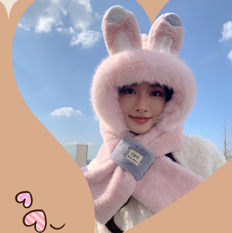 Winter Cute Hat Scarf Integrated Hat Women Thickened Hat Winter Cute Plush Furry Plus Scarf Two-piece Set Warm Windproof Hat