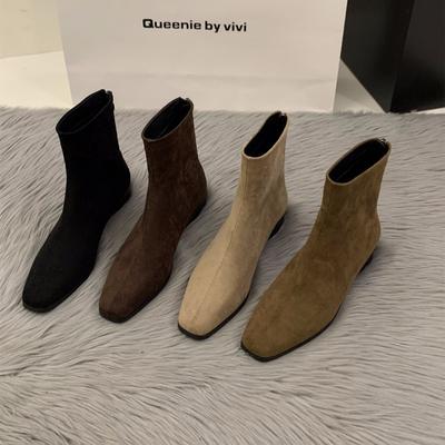 Suding Grober Absatz Wildleder Koreanische Kleine Stiefeletten Damenschuhe 2025 Neu Herbst und Winter Martin Stiefel Kaffee Skinny Kurze Stiefel