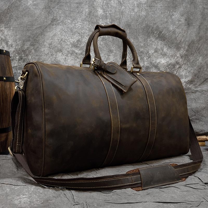 60cm Vintage Mens Leather Travel Bag Real Leather Weekender Bag Overnight Travelling Handbag For 3 Days  Business Travel