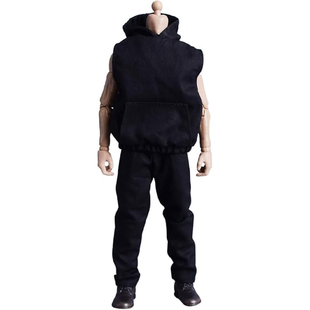 Meetoget 1/12 Scale Male Doll daily sports Sleeveless Hoodie Set Clothes for 6 inch Action Figure PM008US,black