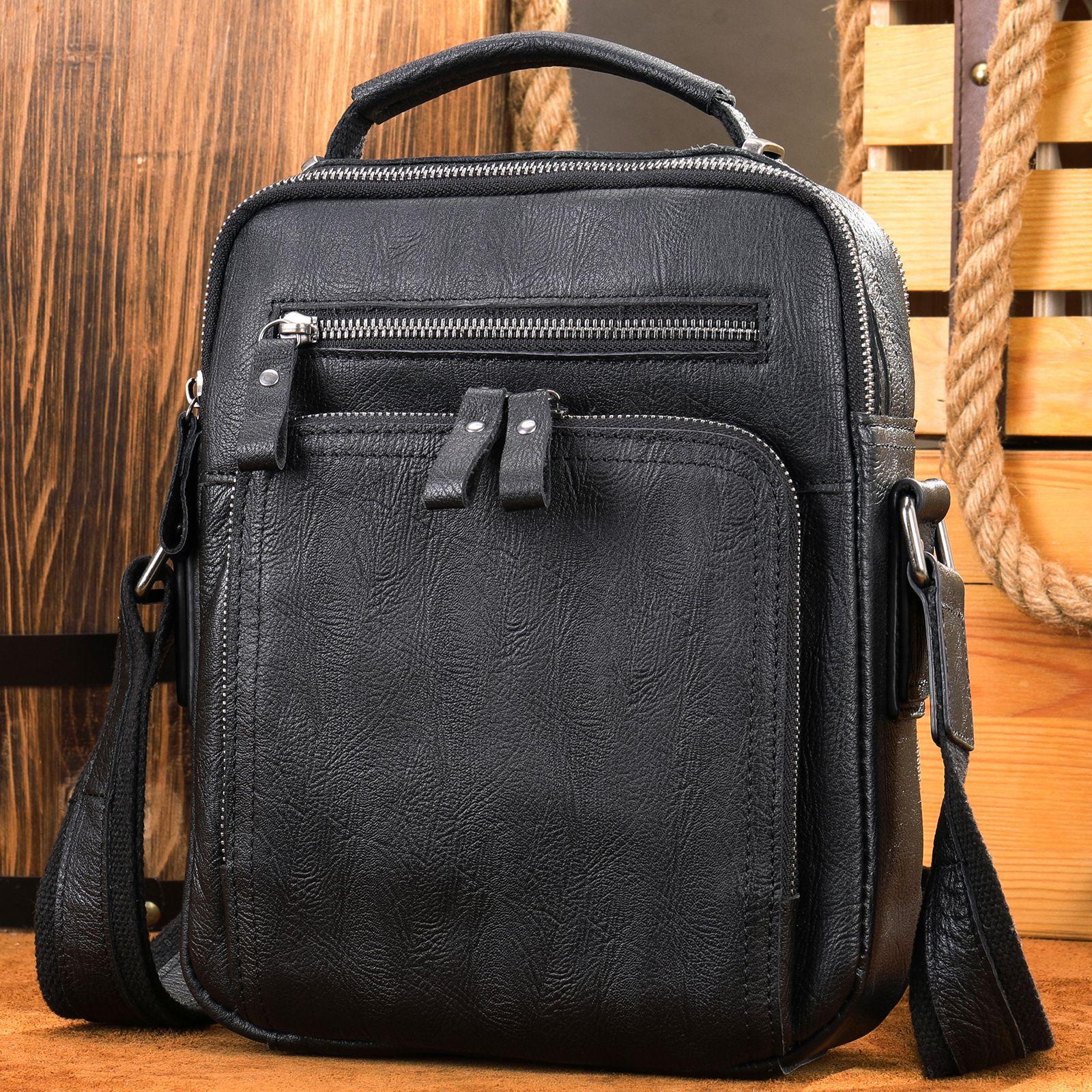 

Модная трендовая сумка из натуральной кожи для мужчин на одно плечо из коровьей кожи с ремешком через плечо чёрный