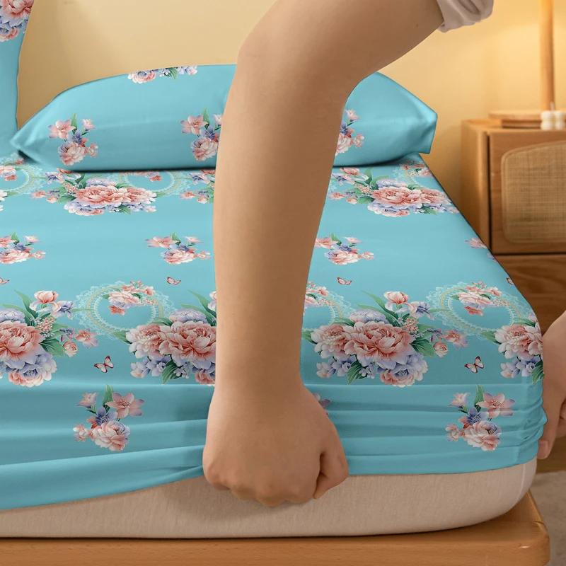 1 Proste Nowoczesne Prześcieradło z Gumką z Nadrukiem Roślin i Kwiatów, Drukowana Narzuta na Łóżko do Sypialni, Pościel (Z wyłączeniem poszewek na poduszki)