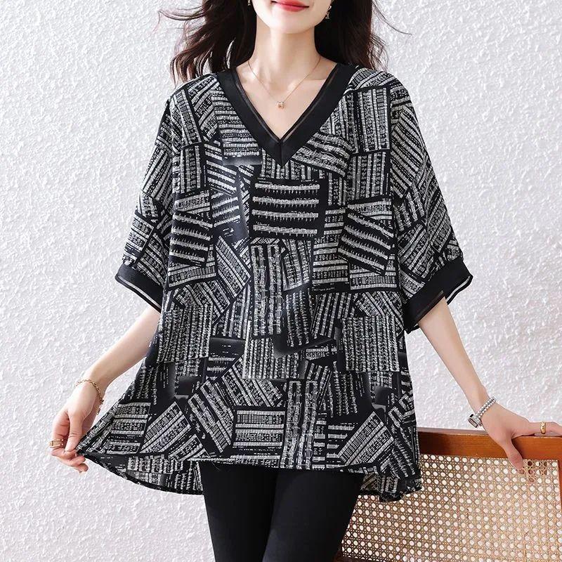 Fashionable Plus Size Chiffon Top Summer Floral Print Loose Fit Elegant T Shirt for Women Hide Tummy