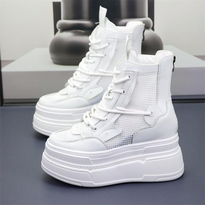 Fashion 12CM Women Breathable Platform Chimney Hollow Fashion Summer Shoes Air Mesh Genuine Leather Synthetic Mid Calf Ankle Boots