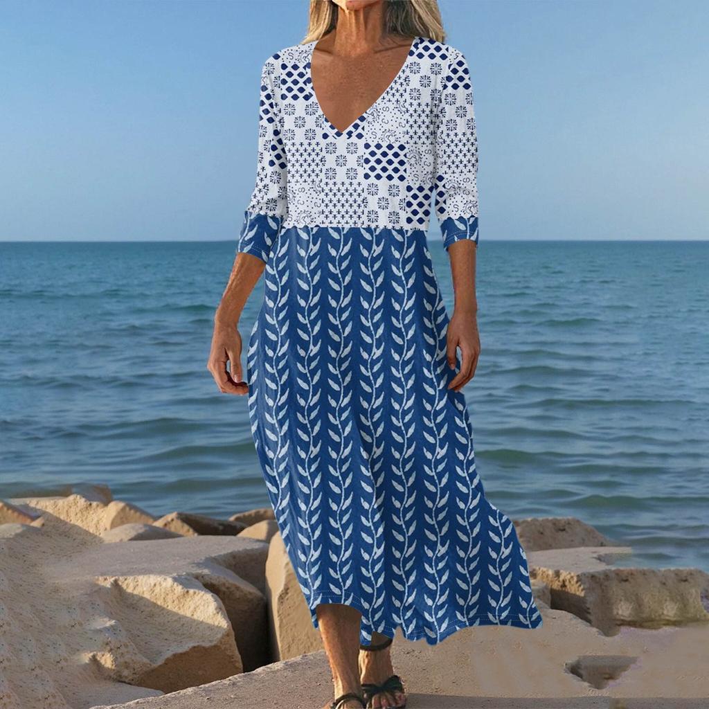 Dresses For Womens Vintage Print Tunic Waisted Midi Dress Summer Casual 3/4 Sleeve Dress