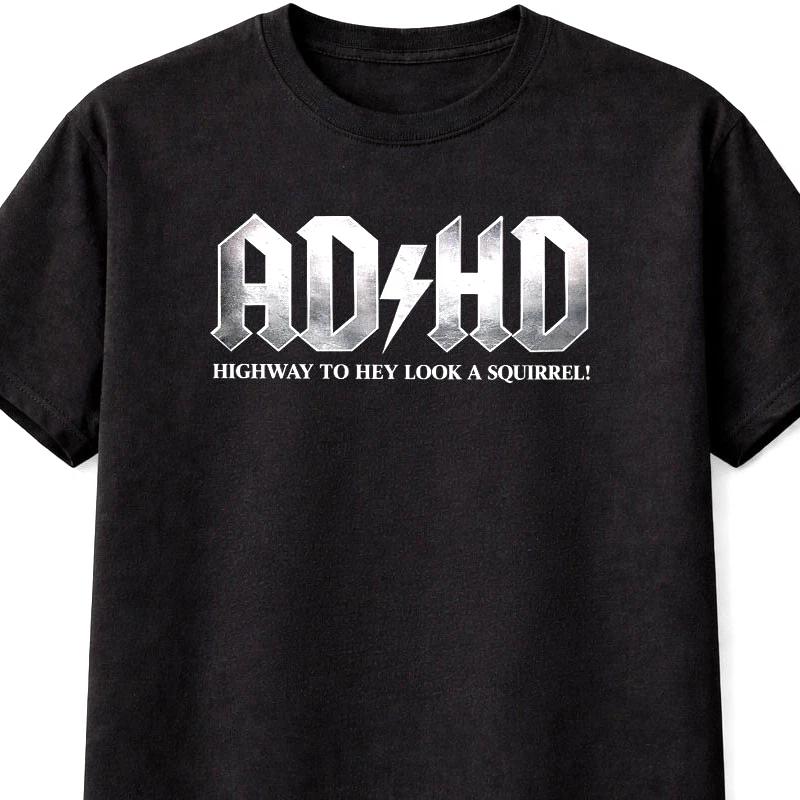 ADHD TShirt Funny Squirrel ACDC Rock Parody Gothic Unisex Black Graphic Tee S