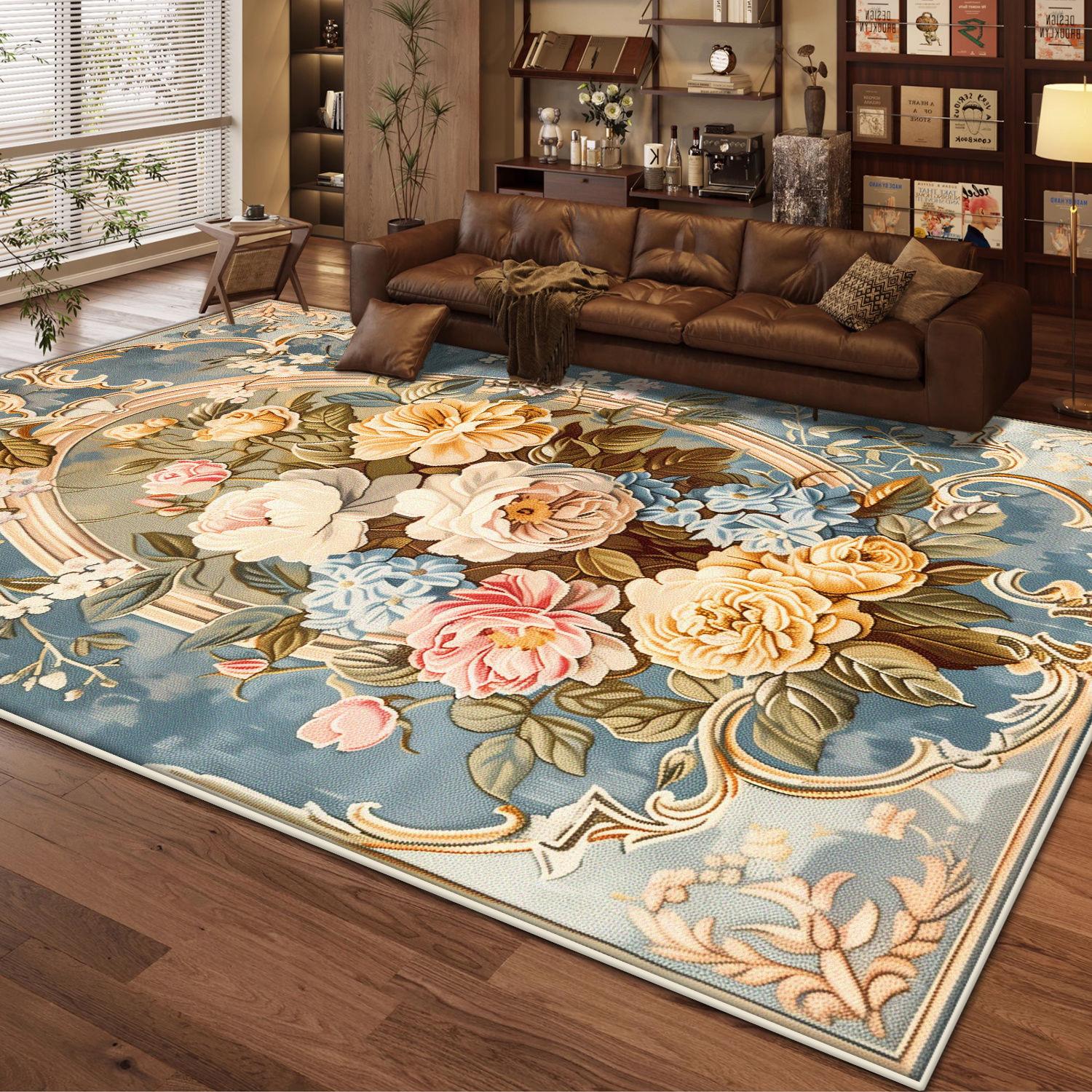 

European Floral Rug Non-slip Washable Carpet for Living Room Cute Girl Bedroom Decor Dressing Table Mat Home Decoration 60*90cm