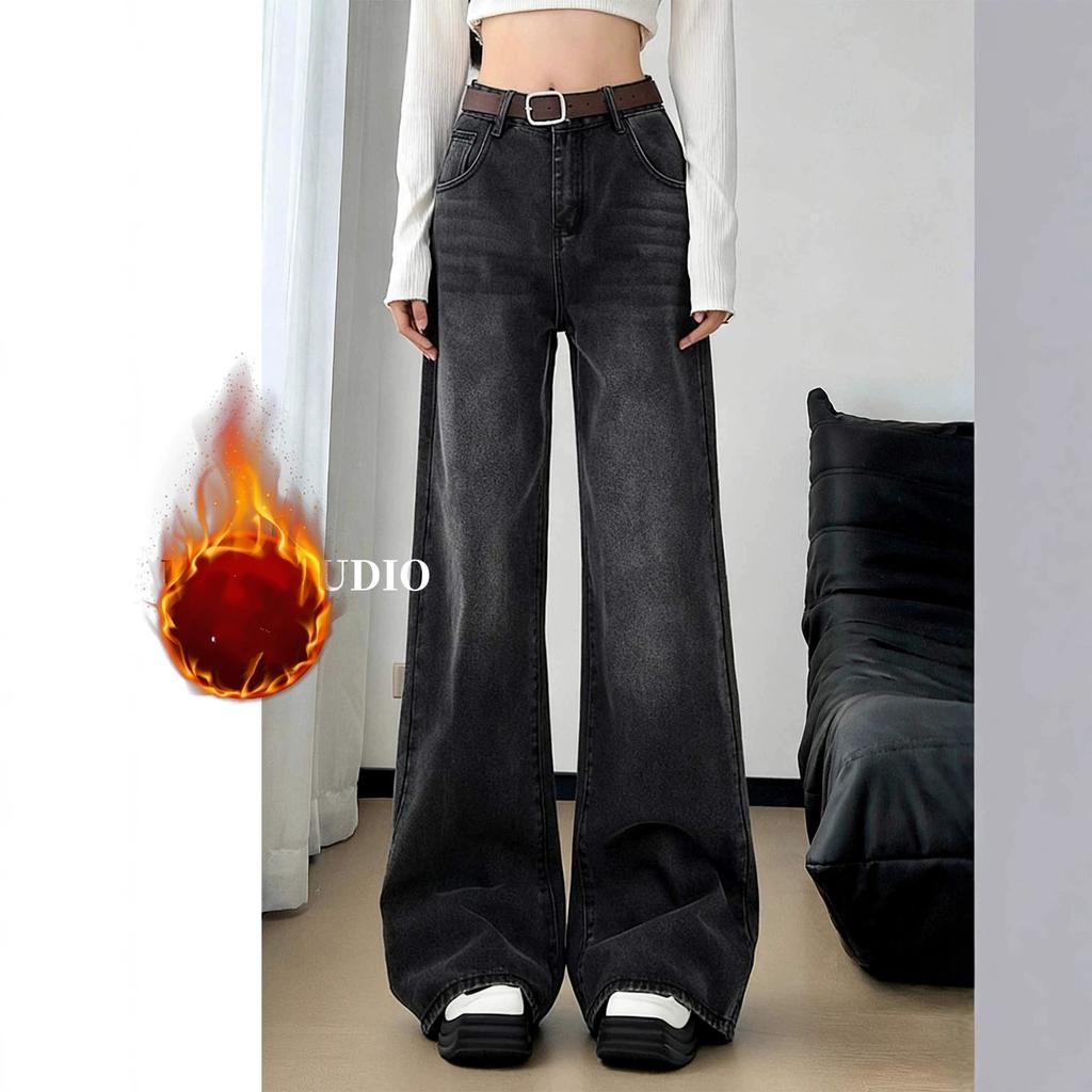 Womens Jeans Y2k Jeans Flared Trousers Black Gray Straight Leg Winter Warm Fleece Lined Loose Fit High Waist Wide Leg Fashion