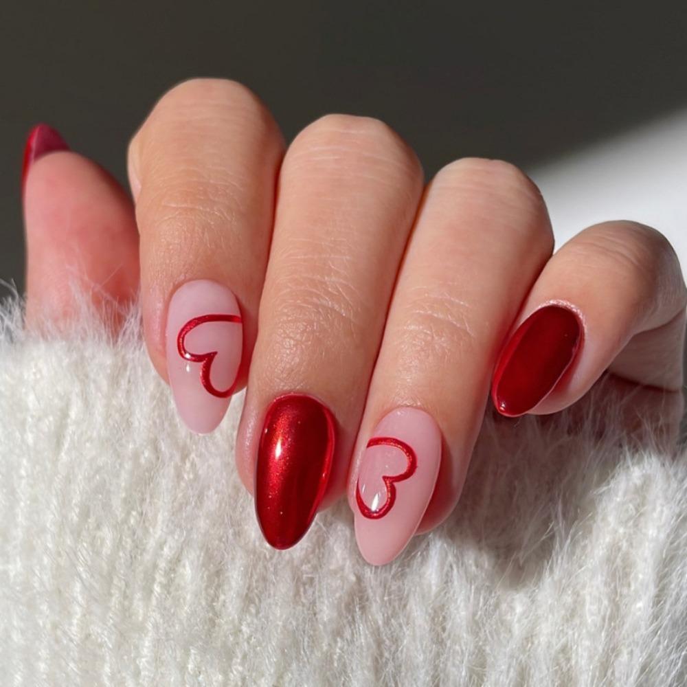 Almond wearing nail red glitter pearlescent love solid color simple high-end nail nail piece
