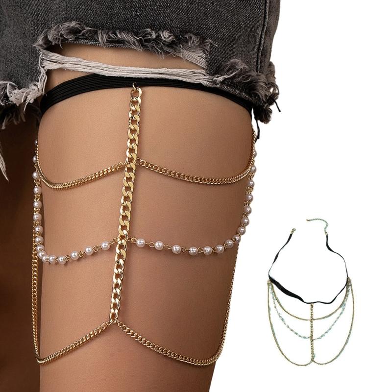 Multiple Layer Pearl Thigh Chain Anti-Slip Elastic Leg Chain Summer Seaside Nightclub Leg Accessories for Hot Girls