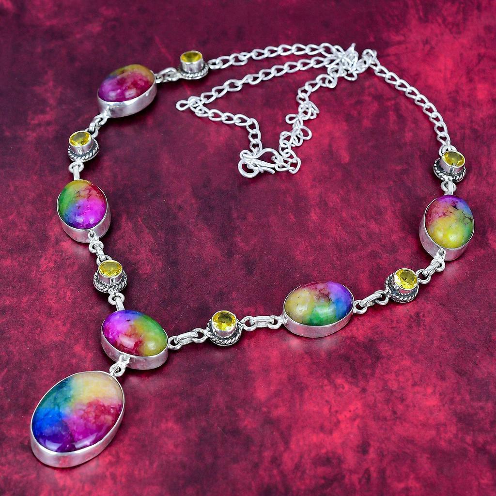 Rainbow Solar quartz & Citrine Necklace Gemstone Jewelry, 925 Solid Sterling Silver Necklace, Handmade Jewelry Birthstone Necklace, Gift For Love