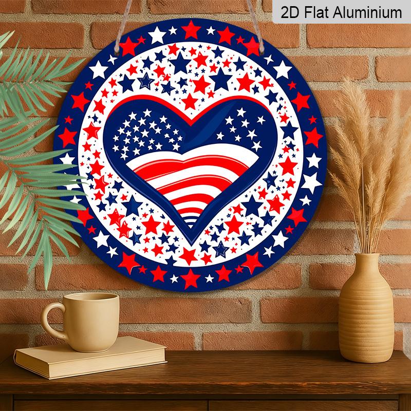 2D Flat, 1pc Round Patriotic Aluminum Hanging Sign, USA Flag Heart with Red White Blue Stars Design, Weatherproof Metal Wall Decor, Perfect for 4th