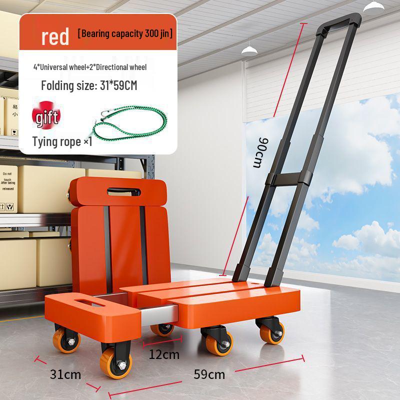 Foldable Retractable Pushcart: Portable Flatbed Cart with Drawbar for Hauling and Moving Goods.