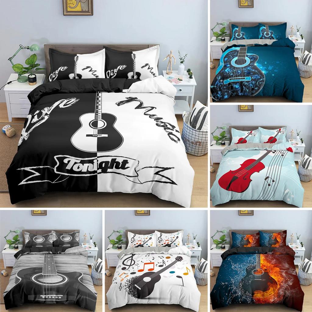 Music Guitar Heavy Metal Punk Rock Comfortable Duvet Quilt Cover Pillowcase Bedding Set Children Bedroom Decoration Home Textile