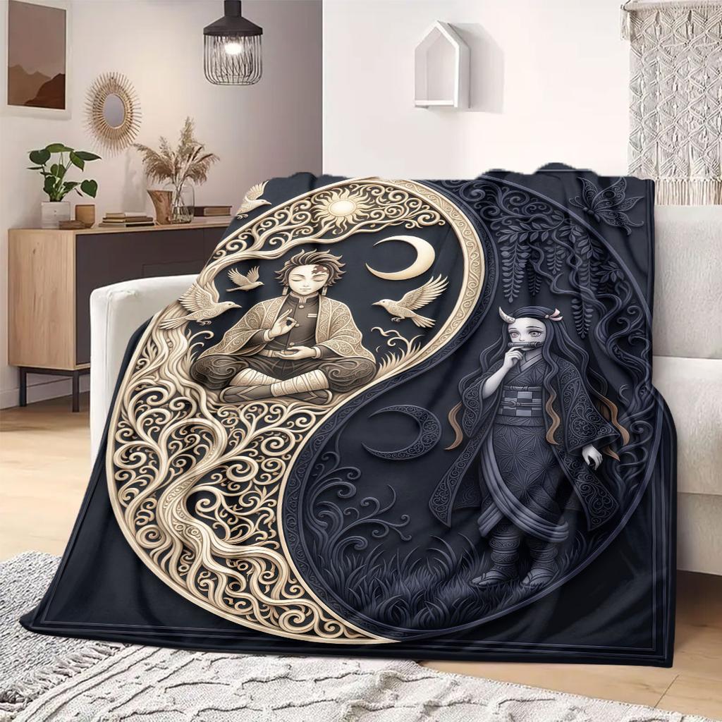 Demon Slayer Chic Cartoon Flannel Blanket, Printed Graphics for Sofa and Bed, Warm Bedding for Chairs and Travel_LIAN