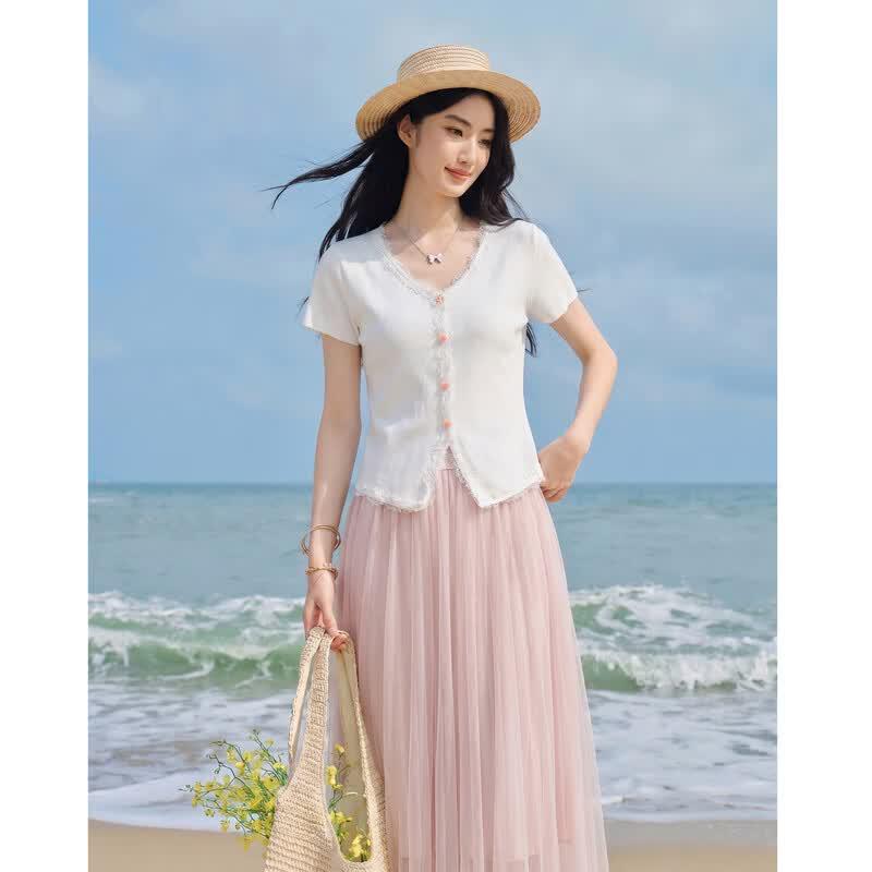 Women s Elegant Lace V-Neck Knit Top & Mesh Skirt Set S