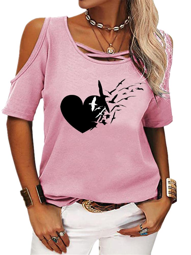 

Женская модная рубашка с коротким рукавом, летняя повседневная футболка с круглым вырезом, женский топ с принтом, спущенный с плеч S розовый