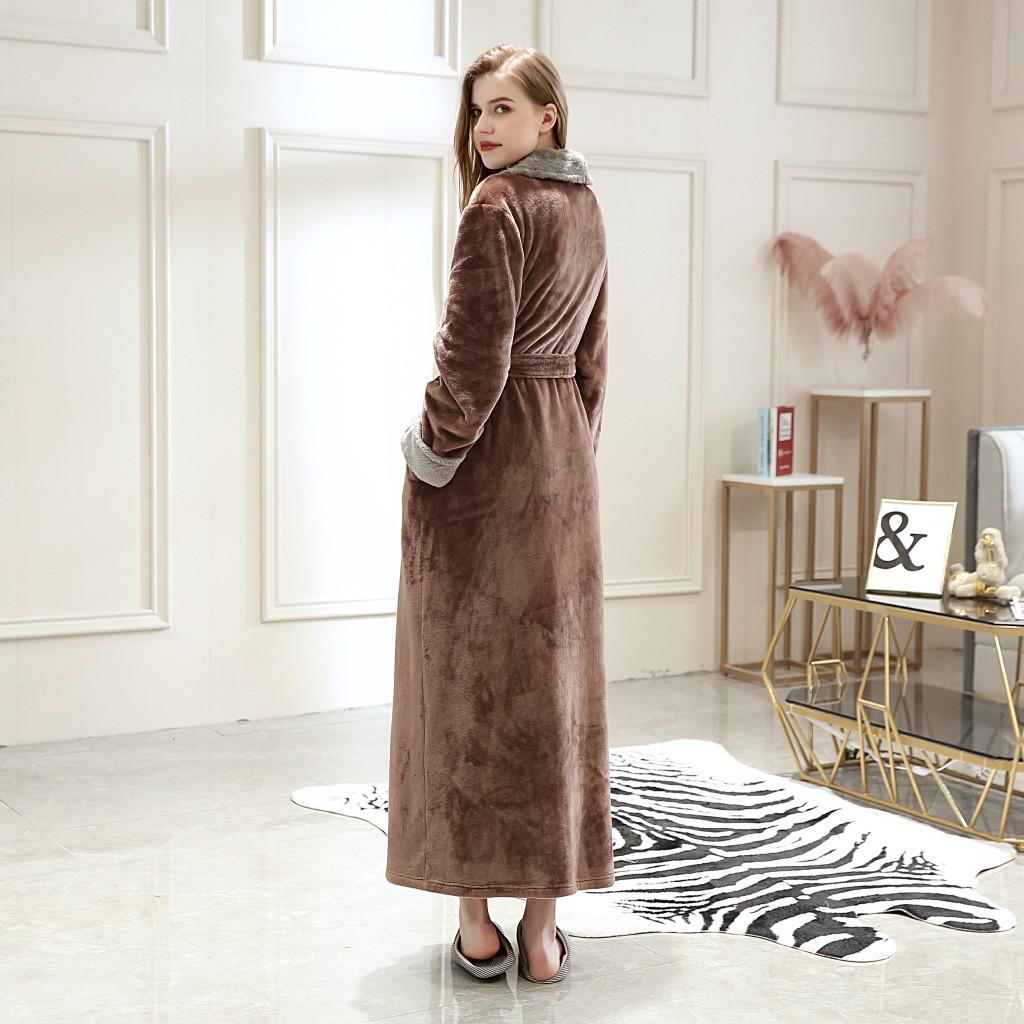 Albornoz de Forro Polar Coral Grueso con Empalme para Mujer, Bata, Camisón, Ropa de Dormir, Bolsillo