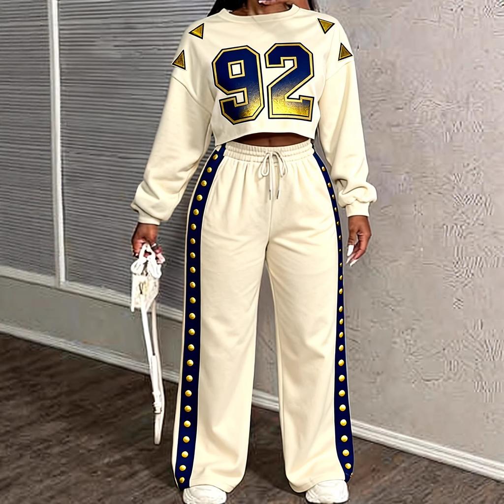 Retro americano, tuta sportiva con lettere per donna, maniche a spalla, maglione corto + pantaloni della tuta, set casual due pezzi.