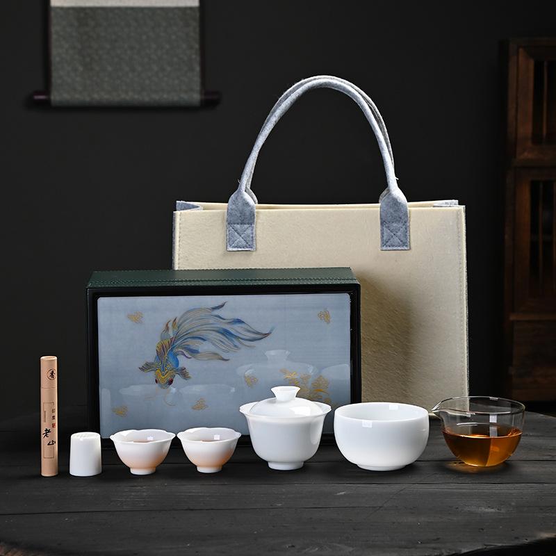 Yangzhi Jade Porcelain Ice Seed Travel Tea Set Light Luxury Household Ceramic Gaiwan Tea Cup High-end Gift Outdoor Tea Set
