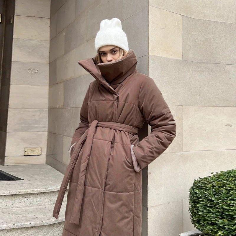 Winter Oversized Warm Long Cotton Padded Coats Women Loose Belt Quilted Parkas Jackets Thicken  Lace Up Single Breasted Overcoat