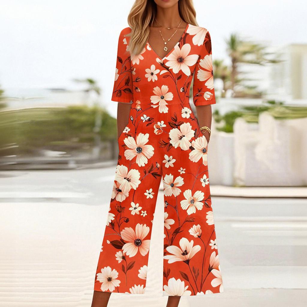 Women's Loose Casual V-Neck Printed Jumpsuit Slim Fit Wide Leg Jumpsuit Wide Leg Jumpsuit