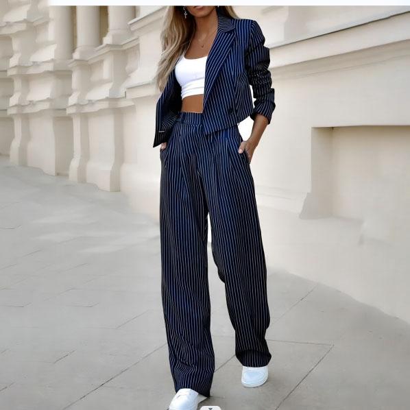 Damenmode Lässig Gestreifter Anzug mit kurzem Revers Gerades Hosen-Set