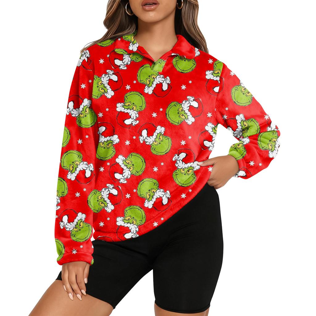 Women's Stand Collar Pullover Long Sleeve Top Christmas Print Sports Top