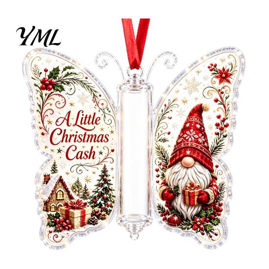 Acrylic Hanging Money Capsule Christmas Holder Ornament, Cash Decor with Vintage Tree Decoration Slot Butterfly Print, Holiday Party Supplies