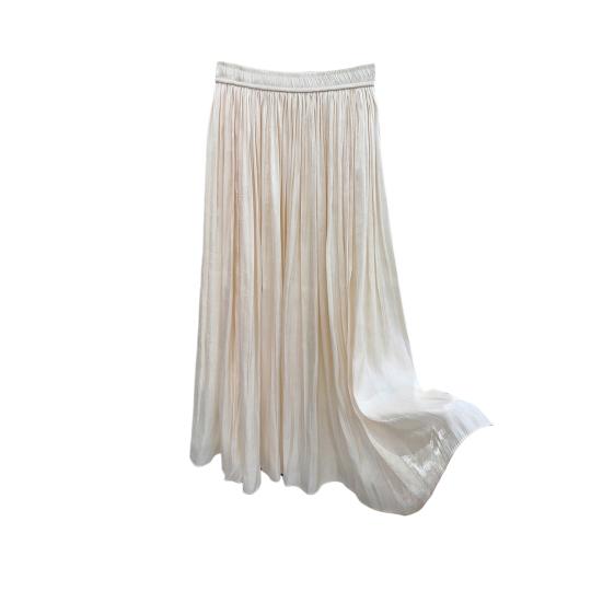 Women Maxi Skirt Elastic High Waist Pleated A-Line Swing Skirt Glossy Pearlescent Yarn Chiffon Pleated Skirt