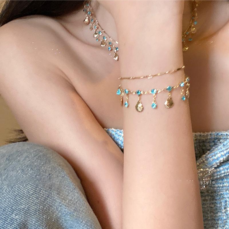 

Универсальное двухслойное ожерелье с кисточками и синими бриллиантами, женская экзотическая цепочка на ключицу, высококачественный уникальный комбинированный браслет-цепочка на шею