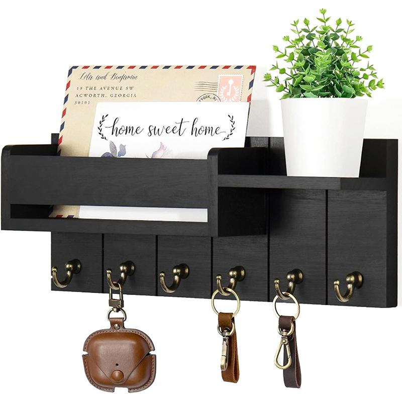 Wall-Mounted Key Rack With Hooks Wooden Storage Rack For Entryway Kitchen And Living Room