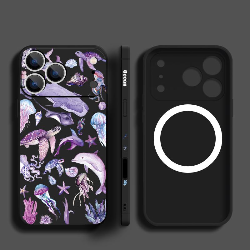 Magnetic For Magsafe Case For iPhone 17 Pro Max Fantasy Ocean Line Whale Print Soft Silicone Phone Back Cover For iPhone 16 15 14 13 Pro Max 16e 17e