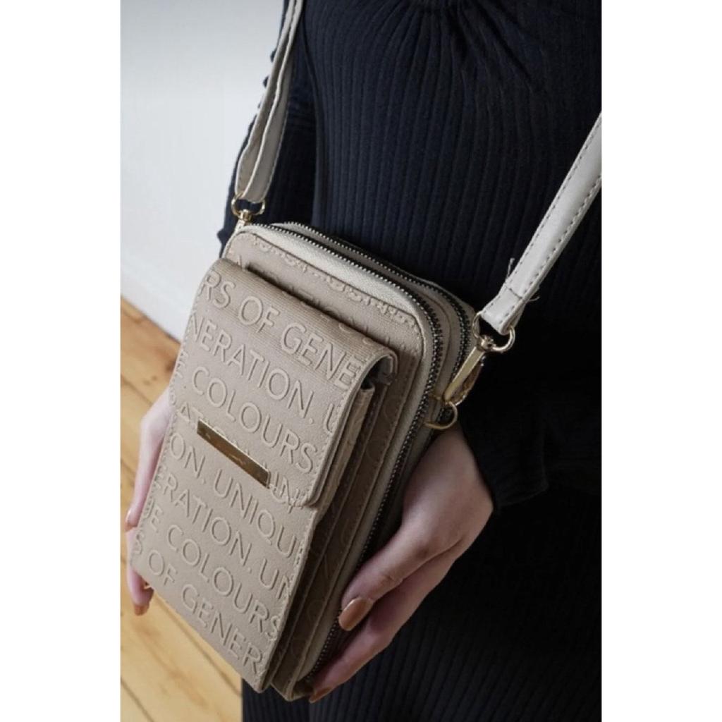 Black Leather Strap Bag With Card Holder, Magnetic Front Cover Pocket, Fits All Phone Models